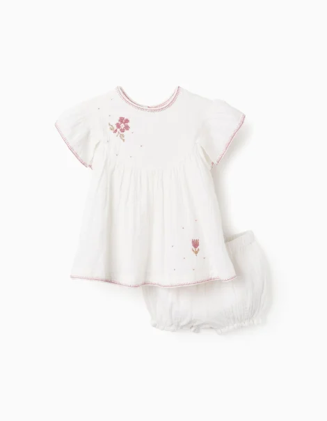 Vestido + Cubrepañal con Punto de Cruz para Bebé Niña, Blanco